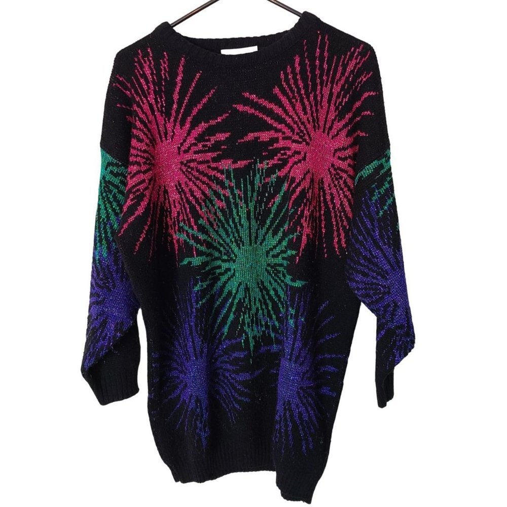 VTG Distinctly Different Womens 20W Black Metallic Firework Print Tunic Sweater